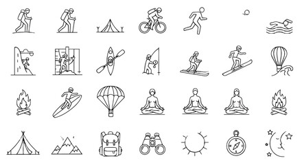 Obraz premium Line art illustration showcasing various outdoor activities including hiking camping and water sports and relaxation on transparent background