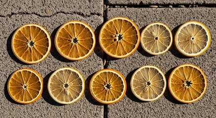 Vibrant dried citrus slices, oranges and lemons, artfully arranged for a refreshing, healthy aesthetic