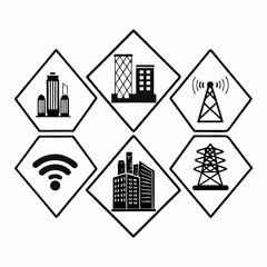 Fototapeta premium Smart city infrastructure icons in geometric shapes, showcasing technology and urban development isolated on white background