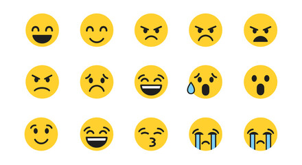 Fototapeta premium Collection of fifteen yellow circular emojis displaying various expressions and emotions in a flat style on transparent background