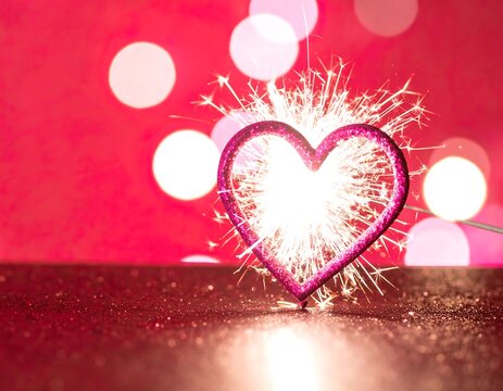 Heart-shaped sparklers, pink bokeh background