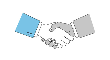 Illustration of two hands shaking, one in a blue suit and the other in a gray suit, on a white background on transparent background