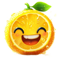 Cheerful cartoon orange character with a smiling face and droplets of juice, set against a vibrant background
