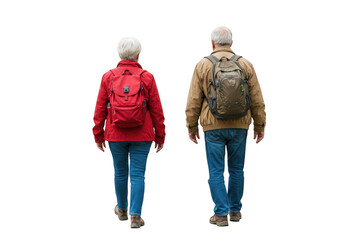 Two hikers with backpacks walking away isolated on transparent background