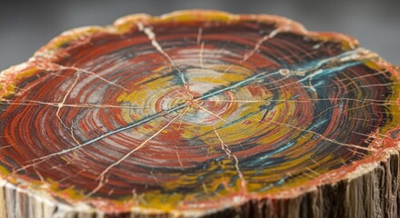 Striking petrified wood slice with vibrant colors and unique patterns for geology enthusiasts