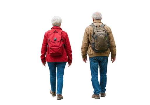 Two hikers with backpacks walking away isolated on transparent background