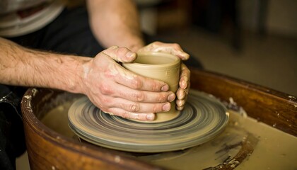 Hands shaping pottery on wheel