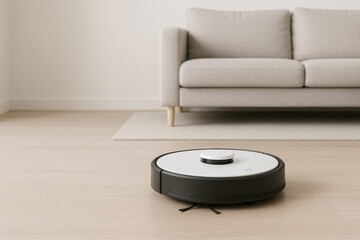 Obraz premium Robotic vacuum autonomously cleaning hardwood floor near sofa, symbolizing advanced home technology for effortless floor maintenance in contemporary living space