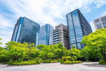 Modern glass office buildings rise above lush green trees in a vibrant urban park setting under a bright blue sky