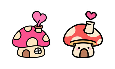 Cute cartoon illustration of two mushroom houses with heart-shaped smoke, perfect for children's books and fantasy themes.