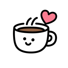 Cute cartoon illustration of a coffee cup with a smiling face and a floating heart, perfect for cafe menus and love-themed designs.