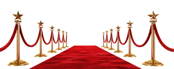 Red carpet and golden stars arranged on a white background, with a red rope featuring gold emblems on each side. The ropes should be in front of the viewer, without any people or other objects.