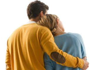 Couple embracing affectionately with arms around each other isolated on transparent background