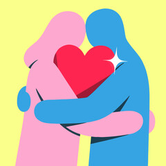 Stylish illustration of a couple hugging and holding a big heart, representing love, care, and emotional connection in a modern art style.