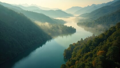 Obraz premium Misty morning over winding river valley with rich green forested mountains. Sunbeams break through fog illuminating calm water, trees. Serene landscape offers peace, natural beauty, perfect for