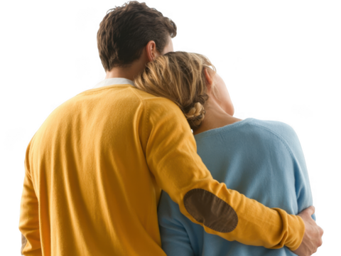Couple embracing affectionately with arms around each other isolated on transparent background