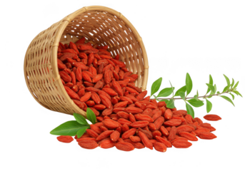 Woven basket overflowing with dried goji berries isolated on transparent background