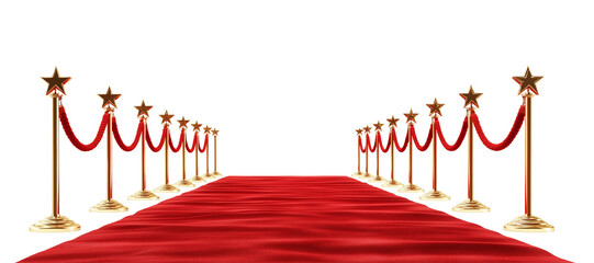 Red carpet and golden stars arranged on a white background, with a red rope featuring gold emblems on each side. The ropes should be in front of the viewer, without any people or other objects.