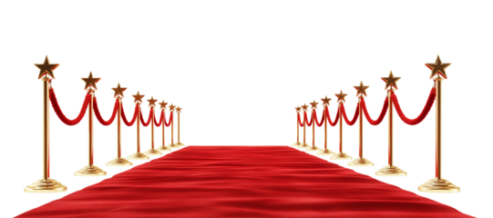 Red carpet and golden stars arranged on a white background, with a red rope featuring gold emblems on each side. The ropes should be in front of the viewer, without any people or other objects.