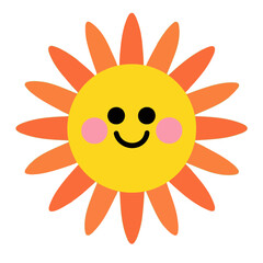 Simple and cute cartoon sun with a smiling face and radiating rays, a cheerful illustration symbolizing happiness, summer, and warm weather.