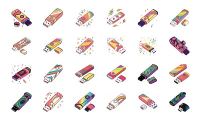 Colorful Retro and Modern Technology Gadgets Vector Icons – Vintage Camera, Computer, Cassette, Gaming Console, Smartwatch, Headphones, Smartphone, Speaker, VR, Router, and Multimedia Devices on Whit
