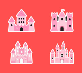Set of four cute cartoon princess castle illustrations in pink, a whimsical graphic resource for fairy tales, fantasy, and kids' themes. © cheng