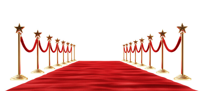Red carpet and golden stars arranged on a white background, with a red rope featuring gold emblems on each side. The ropes should be in front of the viewer, without any people or other objects.