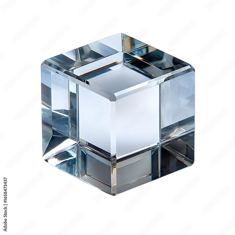 Poster geometric clear glass cube with frosted white center cube reflecting light and isolated on transpare
