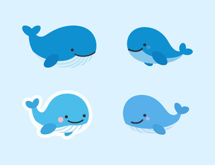 Obraz premium Set of four cute cartoon whales in different styles, a charming graphic resource for marine life, ocean, and animal themes.