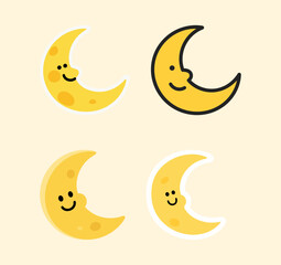 Set of four cute cartoon crescent moons with smiling faces, a charming graphic resource for night sky, dreams, and sleep themes.