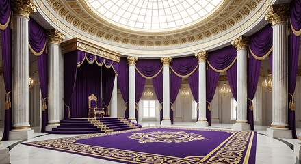 Grand royal throne room with purple drapes and ornate carpet