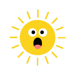 A cute cartoon sun with a shocked, open-mouthed expression and wide eyes, on a white background, symbolizing a surprising or shocking weather event or a moment of astonishment.