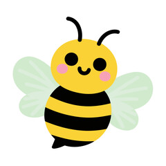 A charming and simple cartoon illustration of a bee with a friendly, happy face and pink cheeks, with translucent wings, on a white background.