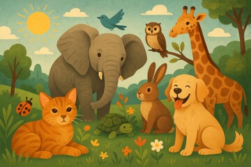 Fototapeta premium Cheerful cartoon animals gathering in blooming meadow, playing under bright sunlight, representing diverse wildlife friendship and harmony