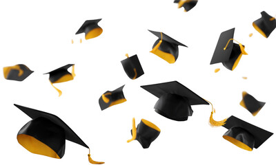  A photograph of black graduation caps in various poses, floating against a white background.