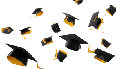  A photograph of black graduation caps in various poses, floating against a white background.
