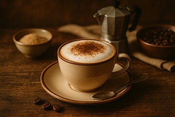 Freshly brewed cappuccino resting near scattered coffee beans, rustic wooden surface highlighting brown sugar, vintage moka pot complementing warm coffee setting