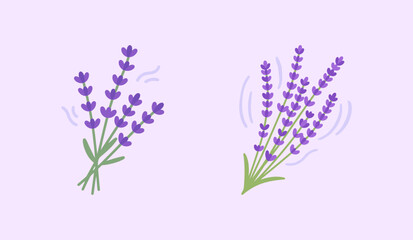 Naklejka premium Two stylized bunches of lavender flowers on a light purple background, with simple motion lines suggesting a gentle aroma or breeze.