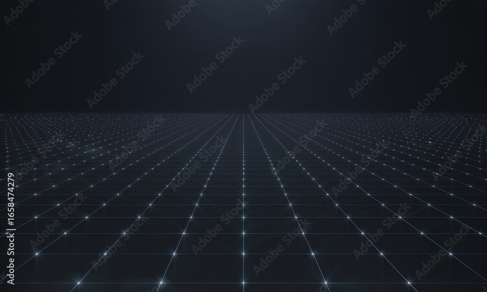 Poster grid receding into distance. dark backdrop. small light dots at intersections