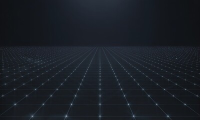 Grid receding into distance. Dark backdrop. Small light dots at intersections