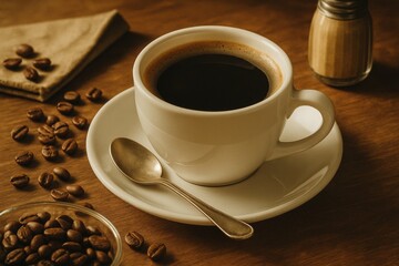 Fototapeta premium Steaming black coffee pouring into white cup, scattered roasted beans, sugar dispenser resting on rustic wooden surface, creating warm morning ambiance