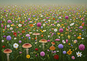 A vibrant meadow bursts with a profusion of colorful flowers, punctuated by clusters of mushrooms, showcasing a rich tapestry of hues and textures.