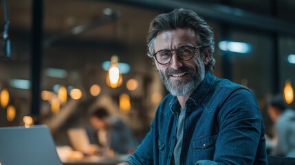 A middle-aged man with glasses and a beard smiles while working on a laptop in a modern, warmly lit office environment