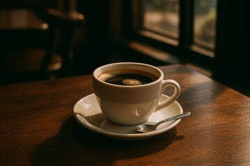 Obraz premium Warm sunlight casting soft shadows on white porcelain coffee cup with matching saucer, sitting near sunlit window on rustic wooden surface inside peaceful cafe interior