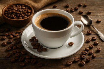 Obraz premium Steaming black coffee resting on white saucer, scattered roasted beans enhancing rustic wooden surface, conveying cozy morning coffee ambiance
