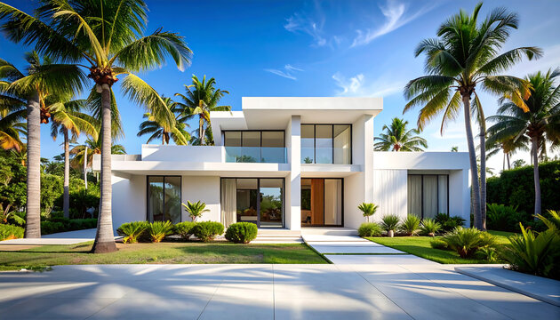 Modern white luxury home with palm trees under a bright blue sky, showcasing architectural design.