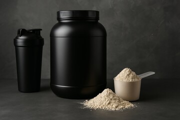 Whey protein powder scattered across measuring scoop, jar, and shaker, presenting professional fitness nutrition setup against minimalist gray backdrop