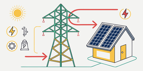 Vector art of solar panel power generation and grid transmission