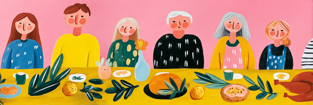 Family members come together around a wooden dining table, sharing a Thanksgiving feast featuring roasted turkey, seasonal vegetables, and festive pies in autumn decor, banner