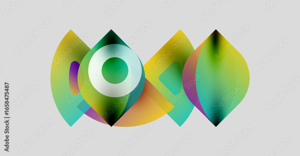 Poster abstract colorful shapes overlap, creating dynamic visual effect. gradient hues blend, forming moder